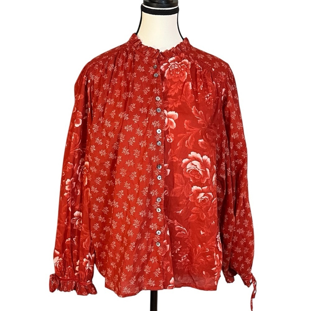 Sundance Janica Floral Patchwork Cotton Ruffle Cuff Ties Button Front Blouse PXL